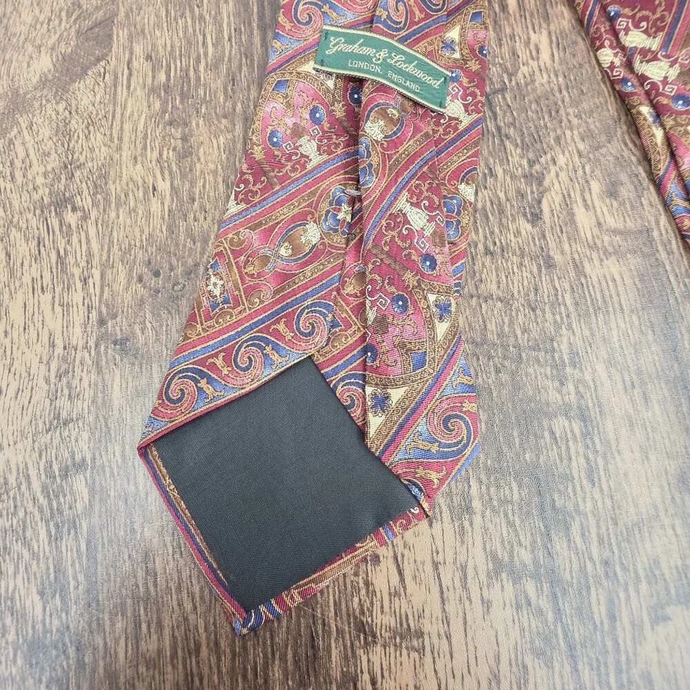 Graham Lockwood Tie Silk Red Colorful Gift Preppy Rococo Ornate Artsy Corpcore